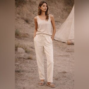 IXIMO %100 Linen Pants Tapered Leg sz L Lagenlook Coastal Cream Ivory pull on